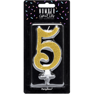 PartyDeco Verjaardagskaarsje 5 Goud Glitter - 10cm