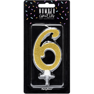 PartyDeco Verjaardagskaarsje 6 Goud Glitter - 10cm