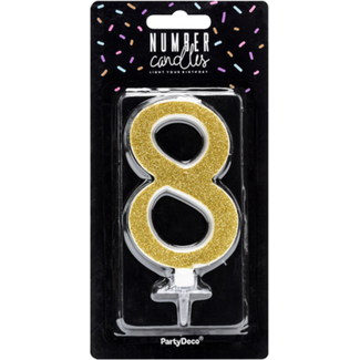 PartyDeco Verjaardagskaarsje 8 Goud Glitter - 10cm