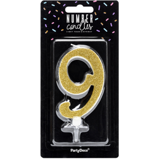 PartyDeco Verjaardagskaarsje 9 Goud Glitter - 10cm