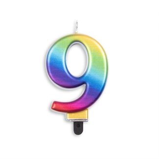 Cijfer kaars metallic regenboog - nr. 9 - 7,8cm