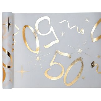 Santex Tafel loper Wit / Goud - 50 Jaar - 30 x 500cm