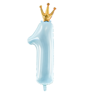 PartyDeco Folieballon cijfer 1 Blauw met kroontje