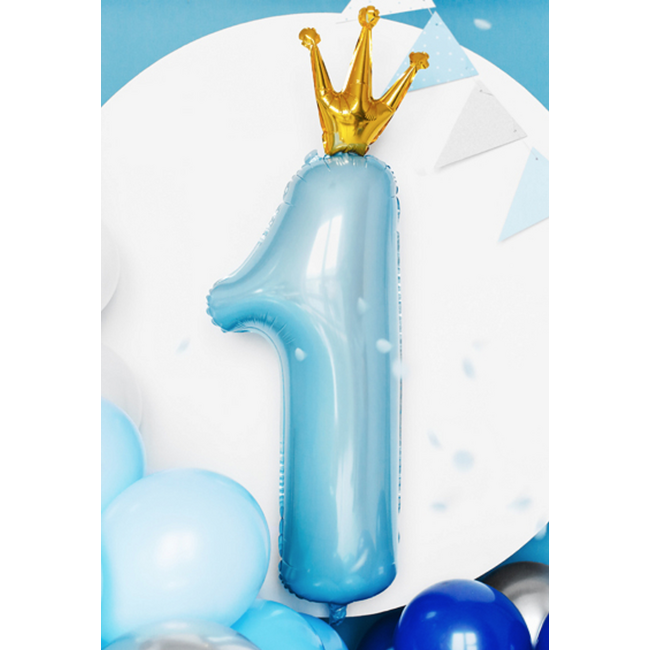 Folieballon cijfer 1 Blauw met kroontje