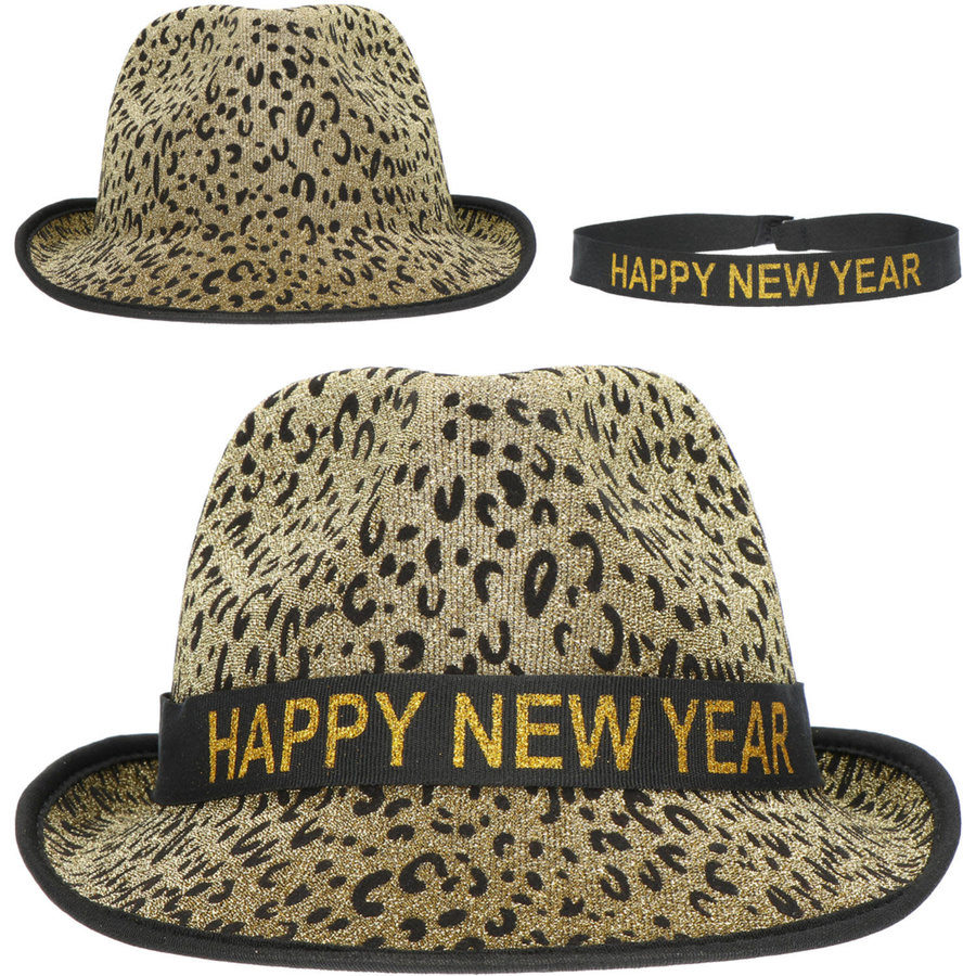 Trilby Hoed 'Happy New Year' Panter Goudkleurig-1