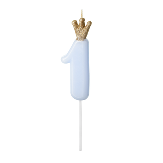 PartyDeco Kaarsje met Kroontje Nr.  1 -  Licht blauw - 9.5cm