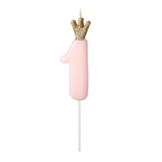 PartyDeco Kaarsje met Kroontje Nr.  1 -  Licht roze - 9.5cm