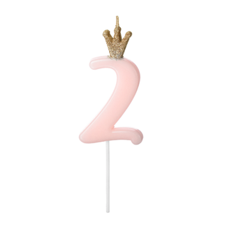 PartyDeco Kaarsje met Kroontje Nr.  2 -  Licht roze - 9.5cm