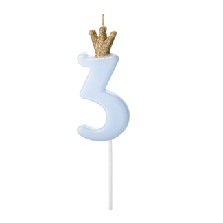 PartyDeco Kaarsje met Kroontje Nr.  3 -  Licht blauw - 9.5cm