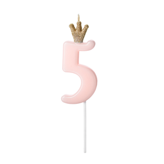 PartyDeco Kaarsje met Kroontje Nr.  5 -  Licht roze - 9.5cm