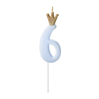 PartyDeco Kaarsje met Kroontje Nr.  6 -  Licht blauw - 9.5cm