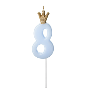PartyDeco Kaarsje met Kroontje Nr. 8 -  Licht blauw - 9.5cm