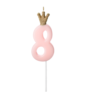PartyDeco Kaarsje met Kroontje Nr. 8 -  Licht roze - 9.5cm