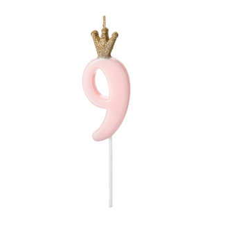 PartyDeco Kaarsje met Kroontje Nr. 9 -  Licht roze - 9.5cm