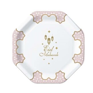 Haza-Witbaard Borden achthoekig "Eid Mubarak" Roze - 8st - 18cm