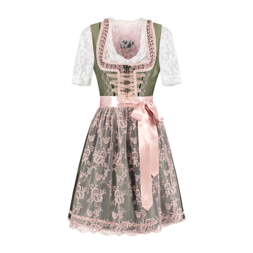 Dirndl 2 dlg - Groen/Roze, Kanten Schort (excl blouse) 