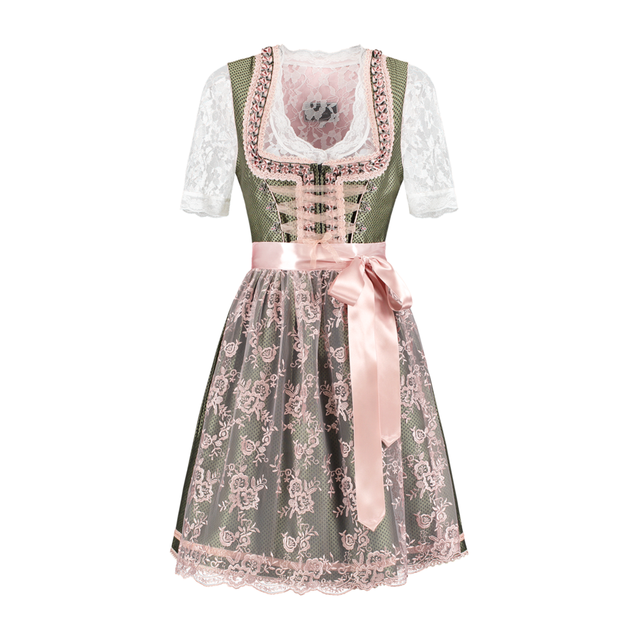 Dirndl 2 dlg - Groen/Roze, Kanten Schort (excl blouse)-1