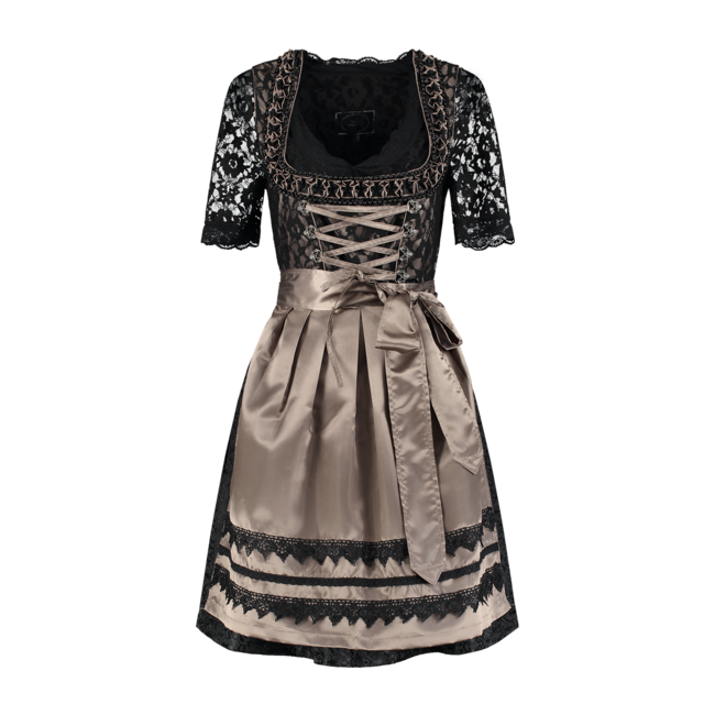 Dirndl Zwart/Taupe - Satijnen Schort, 3 dlg. - Dirndlblouse Zwart