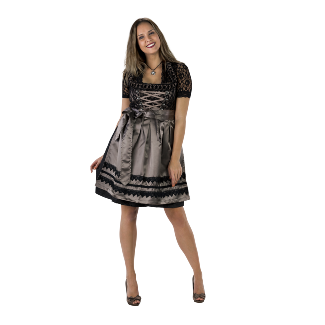 Dirndl Zwart/Taupe - Satijnen Schort, 3 dlg. - Dirndlblouse Zwart