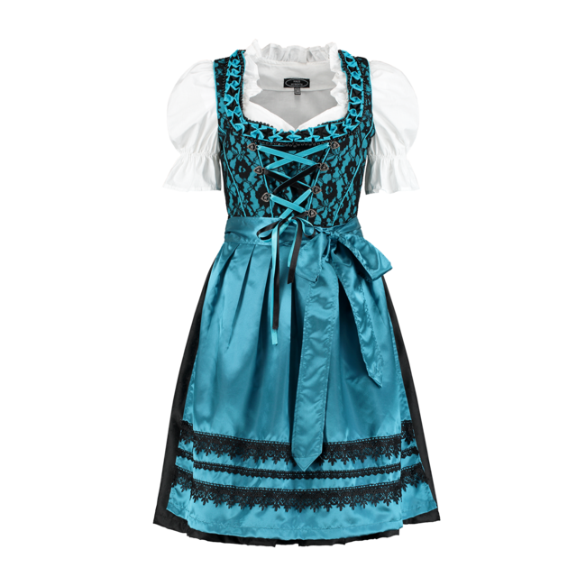 Dirndl Zwart/Blauw - Satijnen Schort, 3 dlg. - Dirndlblouse Wit