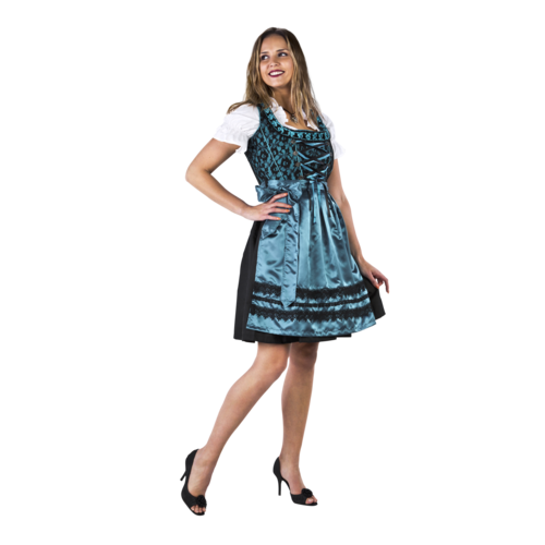 Dirndl Zwart/Blauw - Satijnen Schort, 3 dlg. - Dirndlblouse Wit 