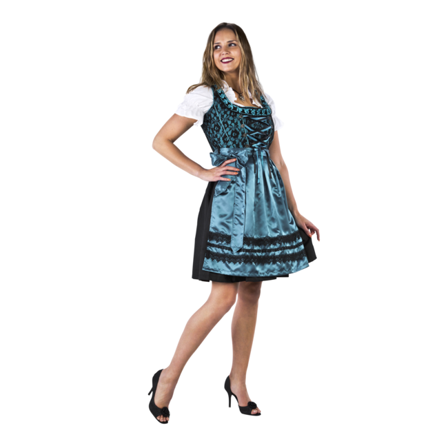Dirndl Zwart/Blauw - Satijnen Schort, 3 dlg. - Dirndlblouse Wit