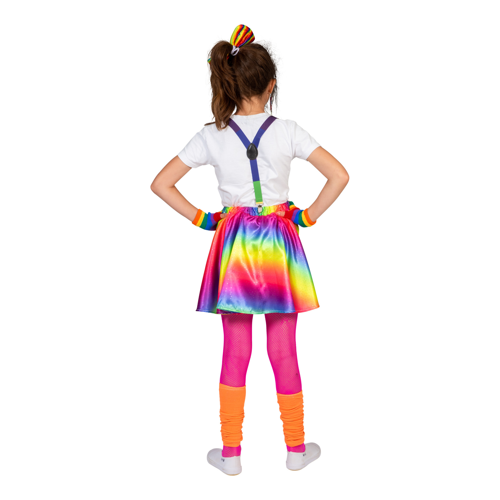 Regenboogkostuum voor dames, 4-delige regenboog tule rok, regenboogrok met riem, jaren 80-outfit voor dames, carnavalskostuum, kleurrijk, veer, hoofdband, regenboog-halsketting voor carnaval