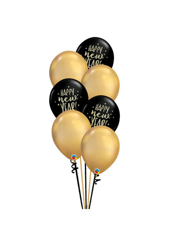 Staander Happy New Year Black & Gold - 7 Heliumballonnen 