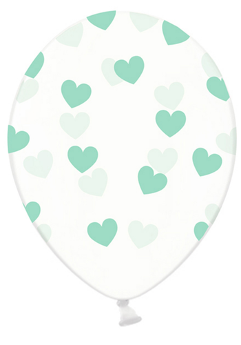 Heliumballon Transparant met Mint Hartjes (28cm) 