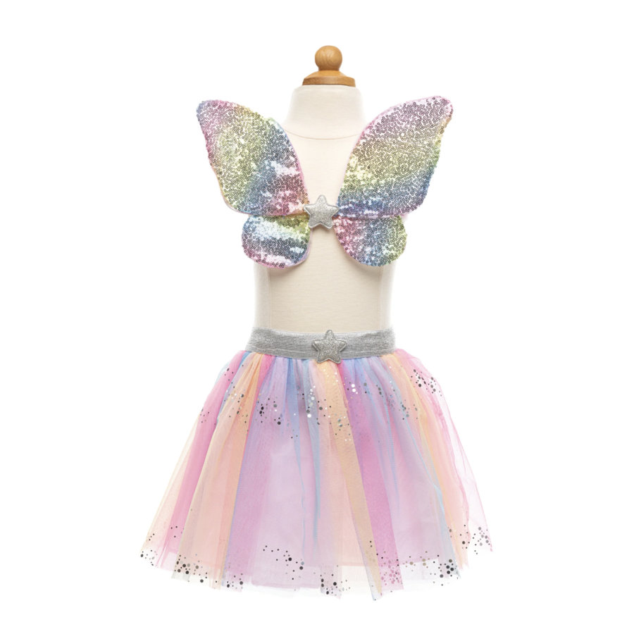 Rainbow Sequins Skirt, Wings and Wand - maat US 4-6-4