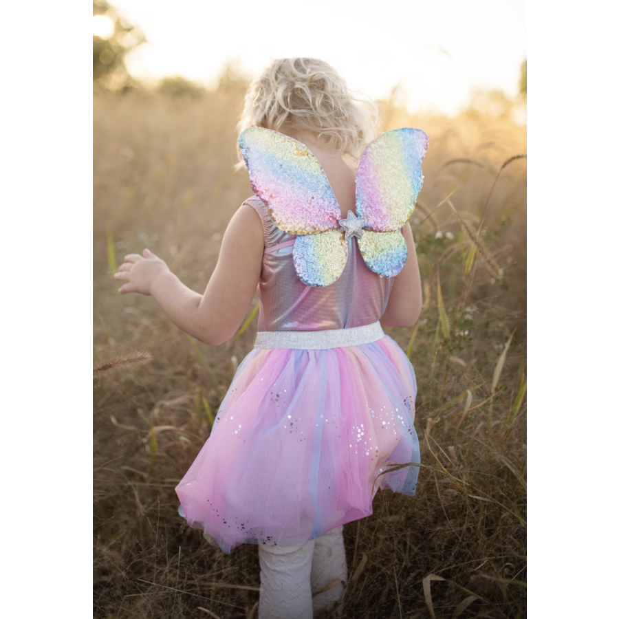 Rainbow Sequins Skirt, Wings and Wand - maat US 4-6-5