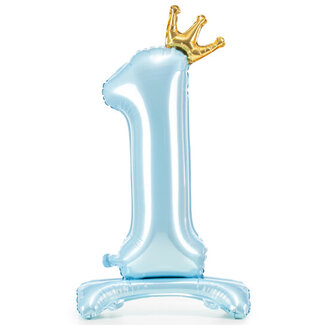 PartyDeco Folieballon 1 blauw met kroontje - 84 cm