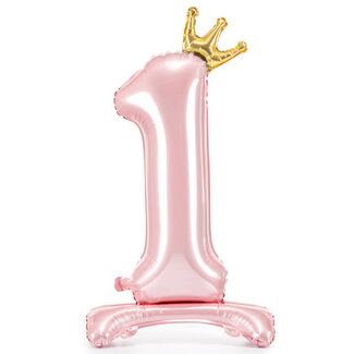 PartyDeco Folieballon 1 roze met kroontje - 84 cm