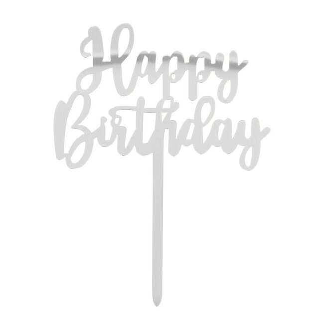 Taart Topper Happy Birthday Zilver - 15,5x11cm