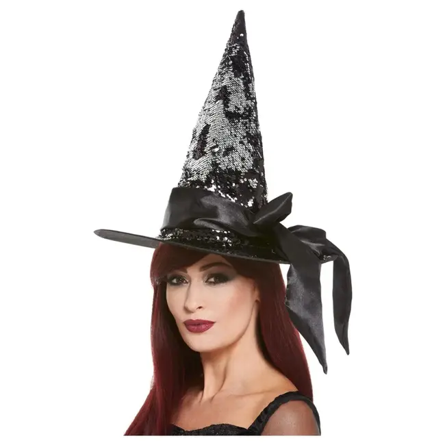 Heksenhoed Deluxe Sequin - zwart/zilver met satijnen strik