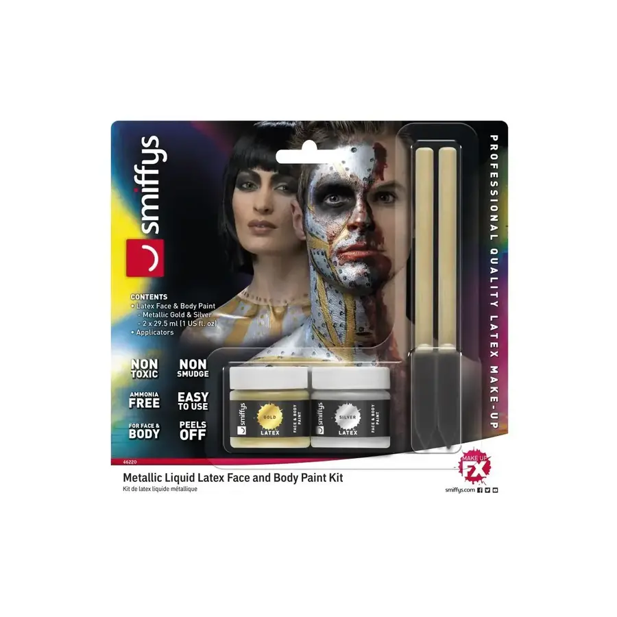 Metallic Liquid Latex Kit, Gold & Silver Face/Body Paints & 2 Sponsjes - 29.57ml-12