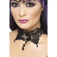 Gothic Lace Choker - Ornate with Jewelled Cross