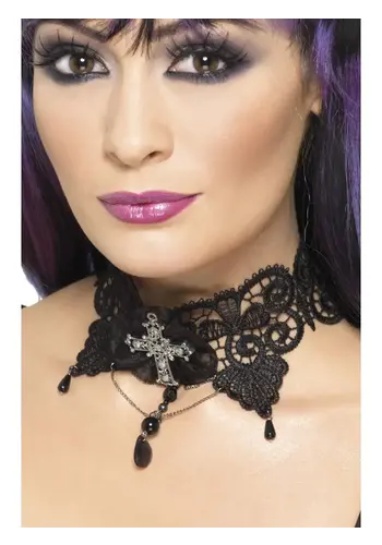 Gothic Lace Choker - Ornate with Jewelled Cross 