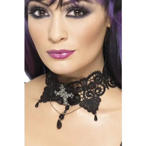 Gothic Lace Choker - Ornate with Jewelled Cross 