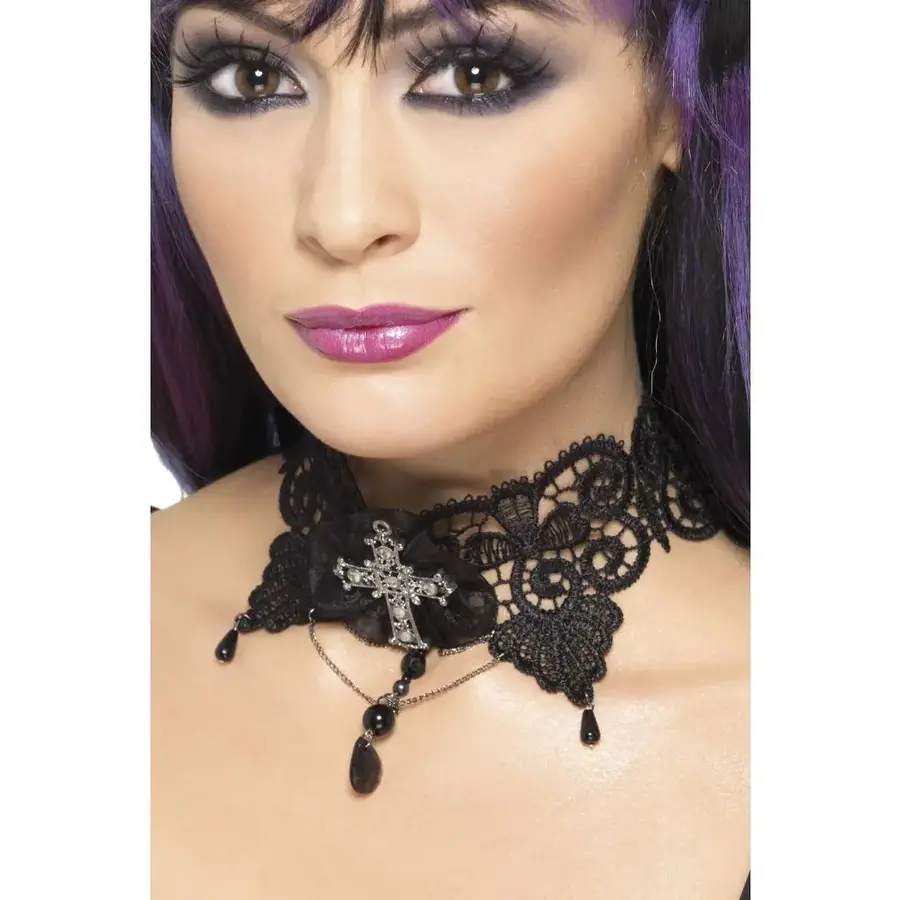 Gothic Lace Choker - Ornate with Jewelled Cross-1