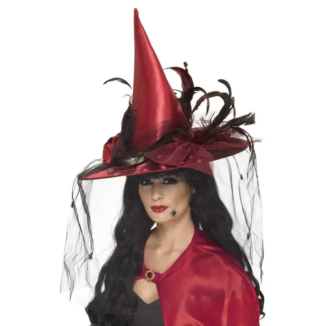 Deluxe Heksenhoed Dieprood - met tule en veren