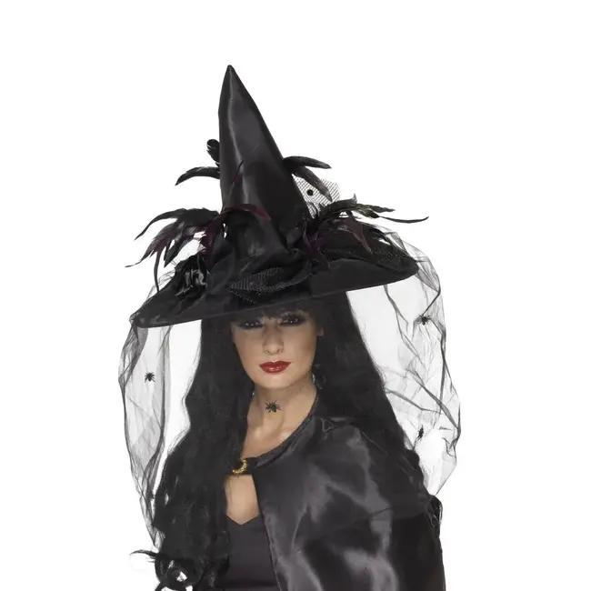 Deluxe Heksenhoed Zwart - met tule en veren