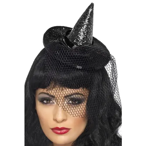 Mini heksenhoed Zwart Glitter op hoofdband met Tule 