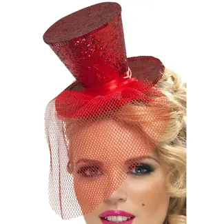 Fever Fever Mini Hoge Hoed op Hoofdband - Rood met afneembaar tule