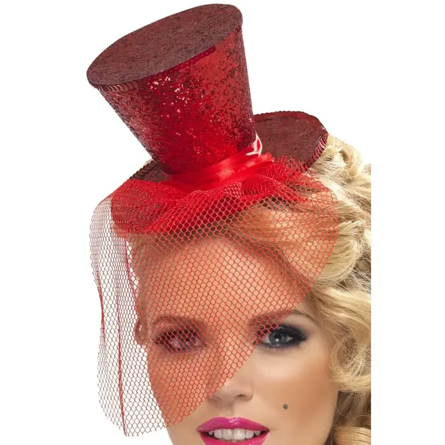 Fever Mini Hoge Hoed op Hoofdband - Rood met afneembaar tule