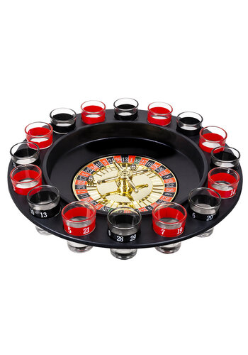 Casino Drankspel Roulette - rad Ø 30 cm, 16 shotglaasjes en 2 balletjes 