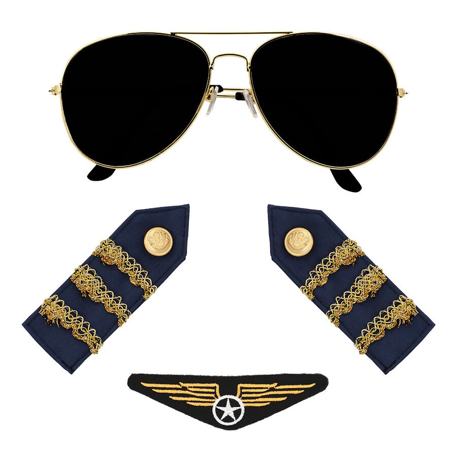 Set Piloot - 3 delig-  (partybril, badge en schouderstukken)-5