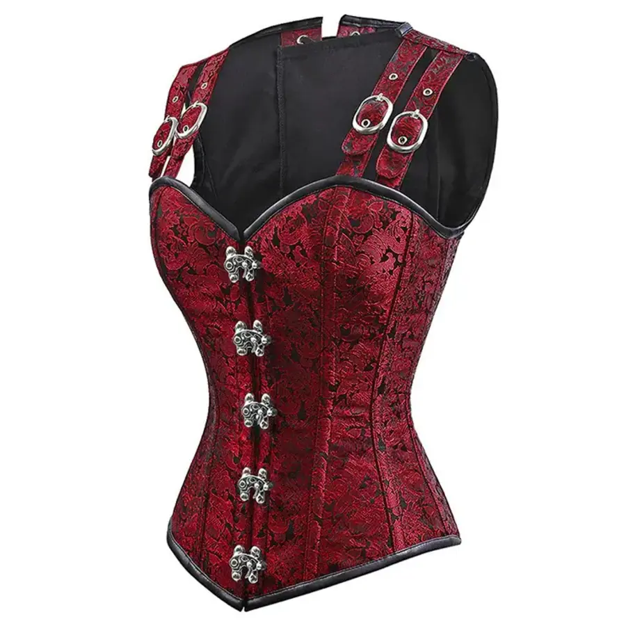 Red Double Buckle Straps Steampunk Corset-2