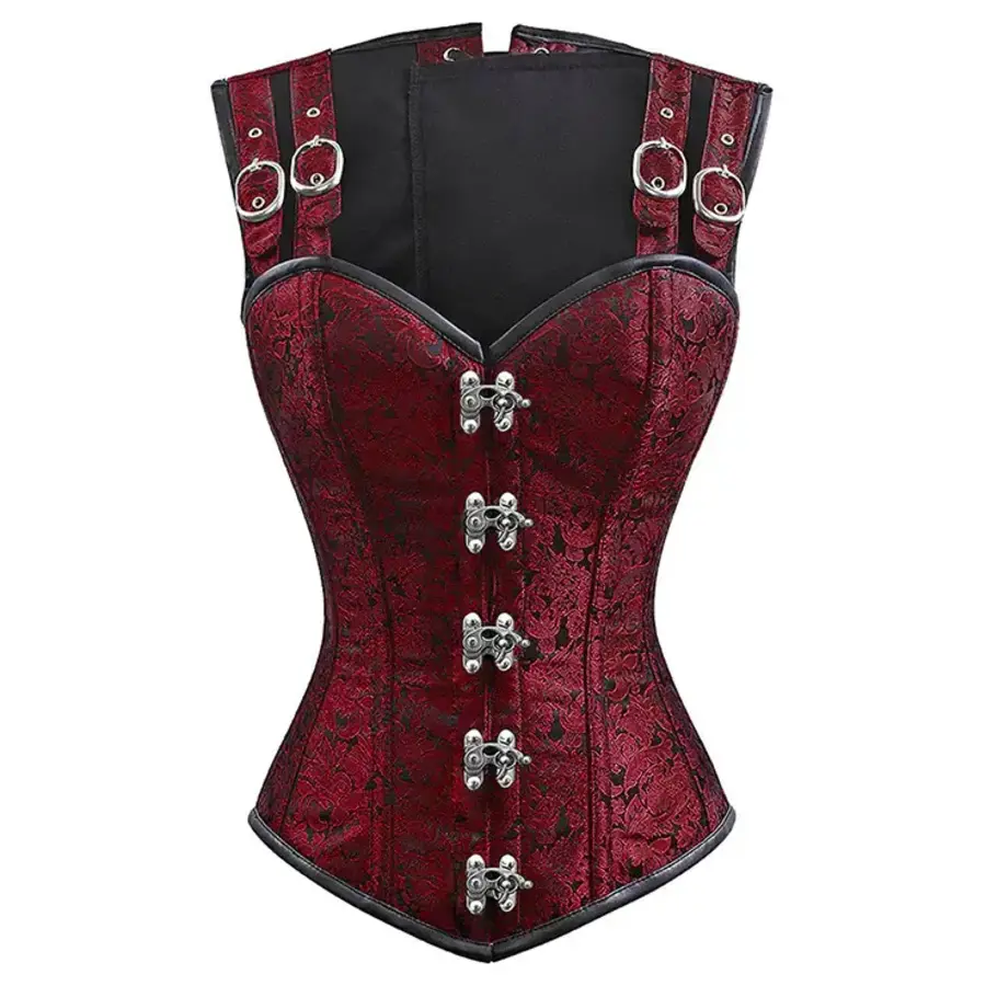 Red Double Buckle Straps Steampunk Corset-1