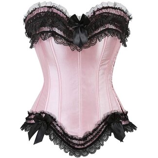 Pink Layered Lace Trim Satin Burlesque Strapless Corset